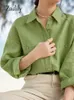 Zadily Summer Korea Style Långärmad kvinnor Linne Grön skjorta Office Lady Button Ladies Work Blus Dagliga kläder Toppar 240111