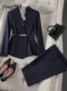 Yitimuceng elegante escritório calça ternos feminino moda coreana manga longa com decote em v formal blazer calças outono inverno 2 peça conjunto 240110