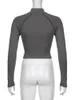 Sweetown Grey Stitched Tops Women Zip Up Turtleneck långärmad skinny casual streetwear tees oregelbundna hem BASIC KOREAN T -shirt 240110