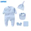 5pcs Set 01 Years baby romper born Baby Clothes Long Sleeve Hat Small Towel Bibs bodysuitit 240110