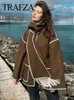 TRAFZA Cappotto di lana moda donna Cappotti con nappe patchwork con sciarpa Tasca a maniche lunghe Giacca monopetto Capispalla invernale 240111