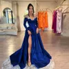 Muhteşem Kraliyet Mavi Kadınlar Akşam Elbise Yatağı Yan Bölme Kristal Boncuklar Prenses Deniz Kızı Saten Balo Resmi Parti Gowns Celebrity Wear Robe De Soiree
