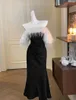 Casual Dresses Elegant Women Wedding Party Dress Fashion Vintage Slash Neck Feather Tierred Robe Retro Sexy Backless Evening Vestido Chic