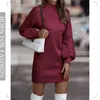 Vestido de punto de invierno vintage para mujer elegante cuello alto linterna manga larga mini suéter vestidos para mujer llegada 2023 ropa 240111