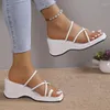 Dress Shoes White PU Leather Wedges Sandals Women Corss Strap Ring Toe Gladiator Sandalias Mujer Summer Slip-On Platform Beach Woman