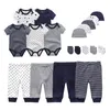 Algodão sólido conjuntos de bebê nascido unissex bodysuits calças chapéus luvas menina menino roupas de manga curta roupas de bebe 240110