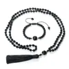 Collier boucles d'oreilles ensemble brillant noir Onyx 108 Mala perlé hommes femmes chapelet méditation pierre Bracelet Japamala gland longs colliers bijoux