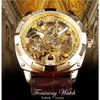 X Forsining 2018 Royal Golden Flower Transparent Brown Leather Band Men Creative Watch Male Clock防水機械腕時計