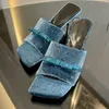 Luxury Designer Velvet One-strap High-heeled Slippers Square Toe Stiletto Solid Summer Pumps 7cm Open Tapered Thin High Heels Party Wedding Shoes 10a Top Quality