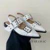 Retro Bourgogne läderbälte spänne slingbacks Flat Sandals Real Leather Pointed Toe Lolita Girl Dress Shoes Summer Women Shoes 240110