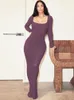 Hugcitar Ribbed Solid Long Sleeve Square Neck Maxi Dress 2024 Fall Sexy Evening Party Elegant Vestido Kleider Mit Robe 240111