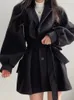 Корейский толстый женский плащ, теплые куртки с отложным воротником, одежда с длинными пышными рукавами, осеннее элегантное пальто с поясом, женский шикарный топ миди 240110