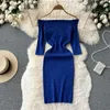 Party Dresses ALPHALMODA 2024 Summer Half Sleeve Hollow Out Slash Neck Women Sexy Slim Stretchy Knitted Dress Above Knee Body-con Step