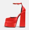 Klänningskor märke dubbel plattform block häl kvinnor hög klackade skor satin bröllop fest cool sandal chaussure femme luxe mark