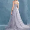 Vestidos de festa linha a/princesa tule renda alças espaguete sem mangas varredura/escova trem vestidos formais elegante vestido de cor sólida