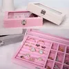 Display Veet Pink Bärfodral med glasomslag smycken Ring Display Box Tray Holder Storage Box Organizer örhängen Ringarmband