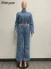 Elegante denim due pezzi set donna manica lunga bottoni coulisse giacche crop top pantaloni larghi jeans abiti streetwear outfit 240110