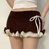 Saias Ruffle Edge Patchwork Lã Malha Nádegas Saia para Mulheres 2024 Outono / Inverno Lace Up Bow Metade