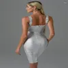 Casual Dresses 2024 Fashion Gold Silver Stamping Bandage Dress Sleeveless Kne Length Cocktail Nightclub Party Summer Bodycon Women