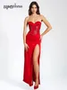 Robes décontractées 2024 Sexy Femmes Rouge Dentelle Design Satin Sans Bretelles Sans Manches Moulante Split Longueur Robe Cocktail Soirée Robes