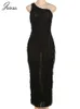 Joskaa Elegant Draped Black Maxi Dres Sexy One Shoulder Sleeveless Stretch Robe Summer 2023 Party Clubwear Dresses 240111