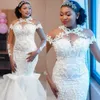 Hochgeschlossenes Meerjungfrau-Luxus-Hochzeitskleid für die Braut mit langen Ärmeln, Illusion-Vollspitze-Brautkleid, perlenbesetztes, abgestuftes Tüll-Spitze-Perlen-Hochzeitskleid für die Ehe NW007