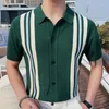 Męski polo Summer Man Ice Silk Short Sleeve Polo Shirt Men British Slim Lapel Knitted Kardigan Casual Stripe Camisa Hombre