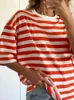 Kvinnors T-skjortor randig bomullst-shir med tryck kort ärm Vintage Basic Summer Top Black T-shirt för kvinnor 2024