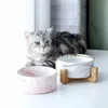 Dog Bowls Feeders Marble Ceramic Bowl Cat Food and Water Dish with Wood Stand Heavy Weight Pet Feeder for Big Flat Faced Cats Puppy Dogsvaiduryd