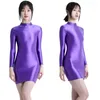 Women's Swimwear Sexy Women Oil Glossy High Neck Long Sleeves One Step TIGHT Skirt Elastic Sports Smooth Dress Buttocks Nightdress