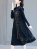 Осень-зима черное вязаное платье миди с принтом женское роскошное шикарное повседневное корейское платье с длинным рукавом 240111