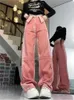 Jeans pour femmes printemps automne rose pantalons longs femmes irrégulière taille haute mode style coréen dames pantalon lâche plissé femme