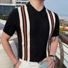 Męski polo Summer Man Ice Silk Short Sleeve Polo Shirt Men British Slim Lapel Knitted Kardigan Casual Stripe Camisa Hombre