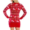 Freizeitkleider Damen Lustiges Weihnachtspulloverkleid Cartoon-Druck Strickwaren Langarm Rundhalspullover Urlaub