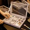 Velvet Gray Carrying Case with Glass Cover Jewelry Ring Display Box Tray Holder Storage Box Organizer Earrings Ring Bracelet 240110