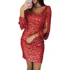 Womens Sparkly Sequin Short Evening Dress V Neck Chic Tassel Long Sleeve Solid Silver Female Wedding Sexy Fashion 240111