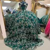 Robe De bal vert émeraude, épaules dénudées, robes De Quinceanera, avec des Appliques florales dorées, Corset en dentelle, 2024