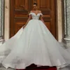 Robe de mariée Beige élégante, col en v, épaules dénudées, en Tulle scintillant, longueur au sol, pour femmes