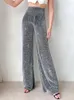 Women's Pants Adagirl Vintage High Waist Stretch Women Wide Leg Glitter Rhinestone Bling Crystal Diamond Party Birthday Trousers