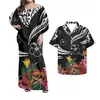 Casual Dresses Sommer Kurzarm Frauen Langes Kleid Retro Polynesian Tribal Muster Sexy Schulterfrei, figurbetont und Männer Hawaiihemden