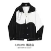 Винтажная лоскутная черно-белая джинсовая куртка Мужская Y2k Корейская верхняя одежда с отложным воротником и длинными рукавами Мужская уличная одежда Свободное джинсовое пальто 240110