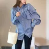 Kvinnor Bluses Korean Big Bow skarvad skjorta 2024 Spring Autumn Fashion Loose Randig Commute Single-Breasted Clothing Polo-Neck Blouse