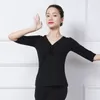 Stage Wear Solid Color Bandage Modern Dance Waltz Yoga Tops Adult Birthday Women Gala 2024 Latin V Neck Street Sports Costume T-shirt