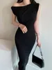 Casual Dresses Summer Dress Women 2024 Black Elegant Korean Fashion Bodycon Slash Neck Prom Evening Party Mid Solid Women's Clothing