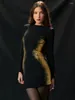 Sukienki swobodne Mozision Gold Print Mini sukienka dla kobiet wiosna o szyję długie rękaw Bodycon panie moda seksowne krótkie vestidos