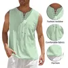 Fashion Mens Summe Tank Tops Cotton Linen Casual Sleeveless Loose Lace Up VNeck Pocket Tees Shirts Male Streetwear 240111