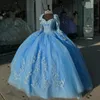 Mexican Sky Blue Off The Shoulder Ball Gown Quinceanera Beaded Lace Appliques Long Sleeved Birthday Gowns Sweet 16 Dress