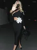 Casual Dresses Luxury Women Celebrity Sexig Single Sleeve Flower Beading Black Midi Bodycon Bandage Dress 2024 Elegant Evening Club Party