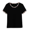 Kort ärm T-shirt för kvinnors koreanska version Ny produkt 2024 Populär randig rund nacke lapptäcke smal och minimalistisk topp 6728