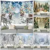 Reindeer Christmas Tapestry Xmas Trees Winter Forest Cedar Snowman Elk Landscape Year Holiday Wall Hanging Home Room Decor 240111